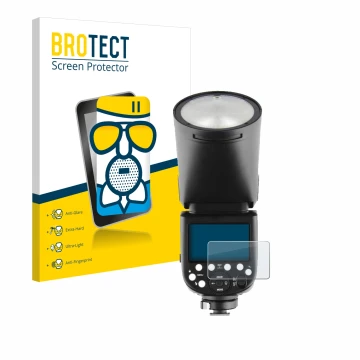 Vorderseite einer Produktverpackung mit dem Markenlogo BROTECT. Daneben ist das Gerät Godox V1 mit dem zugehörigen Displayschu