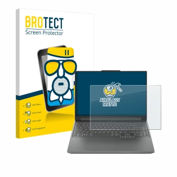 Vorderseite einer Produktverpackung mit dem Markenlogo BROTECT. Daneben ist das Gerät Lenovo Legion Slim 5 14 mit dem zugehöri