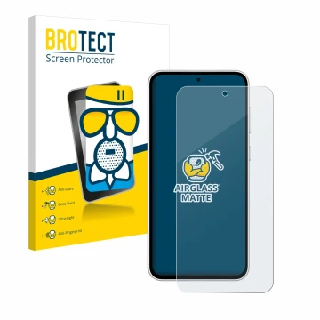 Vorderseite einer Produktverpackung mit dem Markenlogo BROTECT. Daneben ist das Gerät Samsung Galaxy S23 FE mit dem zugehörige