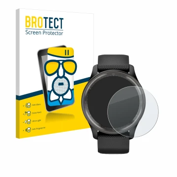 Vorderseite einer Produktverpackung mit dem Markenlogo BROTECT. Daneben ist das Gerät Garmin Vivomove Trend mit dem zugehörige