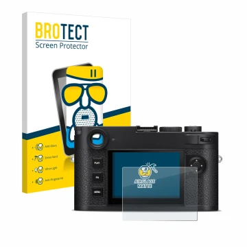 Vorderseite einer Produktverpackung mit dem Markenlogo BROTECT. Daneben ist das Gerät Leica M11-P mit dem zugehörigen Displays