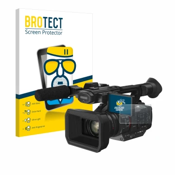 Vorderseite einer Produktverpackung mit dem Markenlogo BROTECT. Daneben ist das Gerät Panasonic HC-X2 mit dem zugehörigen Disp