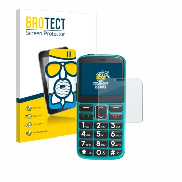 Vorderseite einer Produktverpackung mit dem Markenlogo BROTECT. Daneben ist das Gerät Uleway Seniorenhandy mit dem zugehörigen