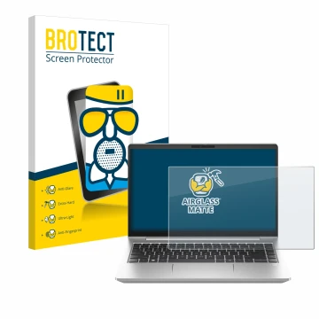 Vorderseite einer Produktverpackung mit dem Markenlogo BROTECT. Daneben ist das Gerät HP ProBook 445 G10 mit dem zugehörigen D