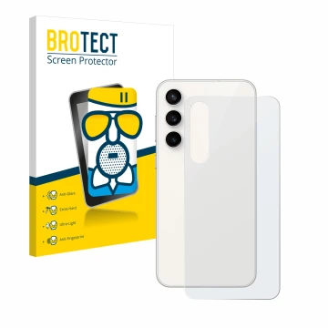 Vorderseite einer Produktverpackung mit dem Markenlogo BROTECT. Daneben ist das Gerät Samsung Galaxy S23 FE (Rückseite) mit de