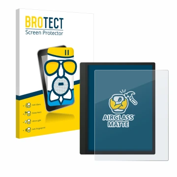 Vorderseite einer Produktverpackung mit dem Markenlogo BROTECT. Daneben ist das Gerät Boox Tab Ultra C mit dem zugehörigen Dis