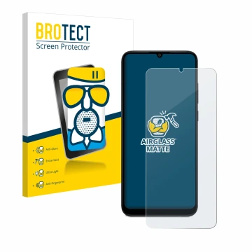 Vorderseite einer Produktverpackung mit dem Markenlogo BROTECT. Daneben ist das Gerät Samsung Galaxy A04 mit dem zugehörigen D