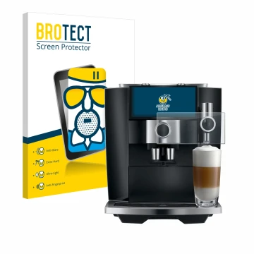 Vorderseite einer Produktverpackung mit dem Markenlogo BROTECT. Daneben ist das Gerät Jura J8 twin mit dem zugehörigen Display