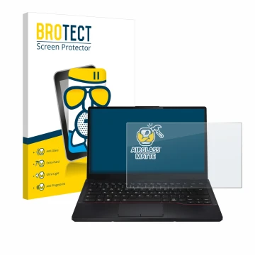 Vorderseite einer Produktverpackung mit dem Markenlogo BROTECT. Daneben ist das Gerät Fujitsu Lifebook E5412 mit dem zugehörig
