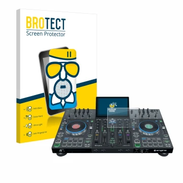Vorderseite einer Produktverpackung mit dem Markenlogo BROTECT. Daneben ist das Gerät Denon DJ Prime 4+ mit dem zugehörigen Di