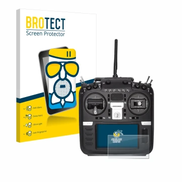 Vorderseite einer Produktverpackung mit dem Markenlogo BROTECT. Daneben ist das Gerät Radiomaster TX16S Mark II mit dem zugehö