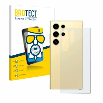 Vorderseite einer Produktverpackung mit dem Markenlogo BROTECT. Daneben ist das Gerät Samsung Galaxy S24 Ultra (Rückseite) mit