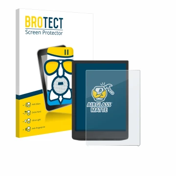 Vorderseite einer Produktverpackung mit dem Markenlogo BROTECT. Daneben ist das Gerät Vivlio InkPad 4 mit dem zugehörigen Disp