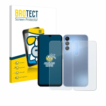 Vorderseite einer Produktverpackung mit dem Markenlogo BROTECT. Daneben ist das Gerät Samsung Galaxy A15 (Display+Rückseite) m