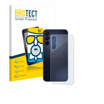 Vorderseite einer Produktverpackung mit dem Markenlogo BROTECT. Daneben ist das Gerät Samsung Galaxy A15 5G (Rückseite) mit de