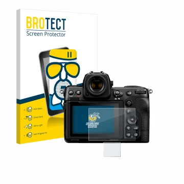 Vorderseite einer Produktverpackung mit dem Markenlogo BROTECT. Daneben ist das Gerät Nikon Z 8 (Display + Schulterdisplay) mi