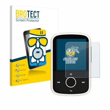 Vorderseite einer Produktverpackung mit dem Markenlogo BROTECT. Daneben ist das Gerät Majority MP3 16GB mit dem zugehörigen Di