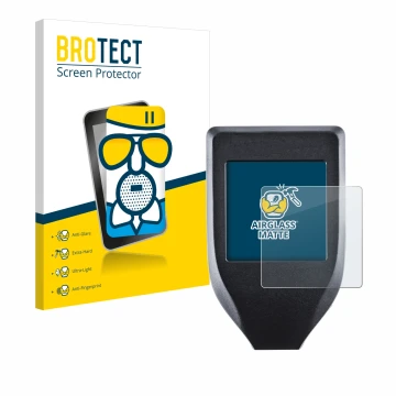 Vorderseite einer Produktverpackung mit dem Markenlogo BROTECT. Daneben ist das Gerät Trezor Model T mit dem zugehörigen Displ