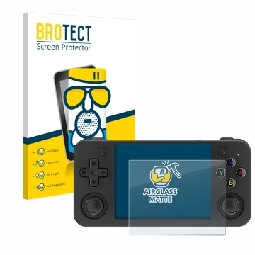 Vorderseite einer Produktverpackung mit dem Markenlogo BROTECT. Daneben ist das Gerät Anbernic RG35XX H mit dem zugehörigen Di