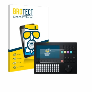 Vorderseite einer Produktverpackung mit dem Markenlogo BROTECT. Daneben ist das Gerät Polyend Tracker mit dem zugehörigen Disp