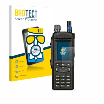 Vorderseite einer Produktverpackung mit dem Markenlogo BROTECT. Daneben ist das Gerät Motorola MTP6650 mit dem zugehörigen Dis