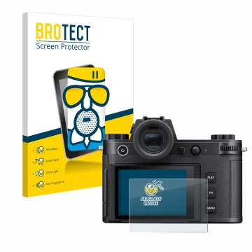 Vorderseite einer Produktverpackung mit dem Markenlogo BROTECT. Daneben ist das Gerät Leica SL3 mit dem zugehörigen Displaysch