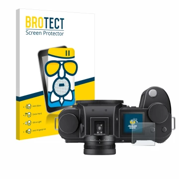 Vorderseite einer Produktverpackung mit dem Markenlogo BROTECT. Daneben ist das Gerät Leica SL3 (Schulterdisplay) mit dem zuge