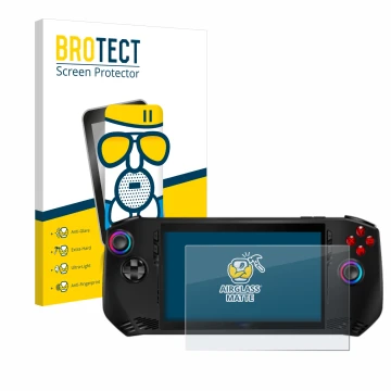 Vorderseite einer Produktverpackung mit dem Markenlogo BROTECT. Daneben ist das Gerät MSI Claw A1M mit dem zugehörigen Display