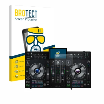 Vorderseite einer Produktverpackung mit dem Markenlogo BROTECT. Daneben ist das Gerät Denon DJ Prime 2 mit dem zugehörigen Dis