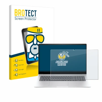Vorderseite einer Produktverpackung mit dem Markenlogo BROTECT. Daneben ist das Gerät HP Envy 17 2024 mit dem zugehörigen Disp