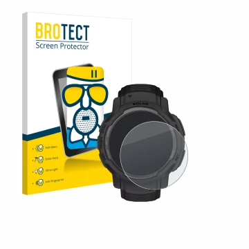 Vorderseite einer Produktverpackung mit dem Markenlogo BROTECT. Daneben ist das Gerät Garmin Instinct Crossover Solar mit dem 