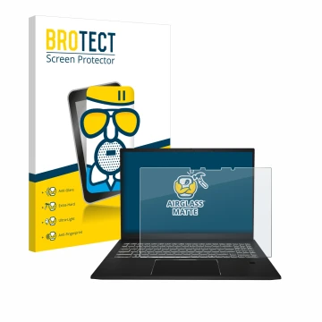 Vorderseite einer Produktverpackung mit dem Markenlogo BROTECT. Daneben ist das Gerät MSI Summit E16 AI Studio mit dem zugehör