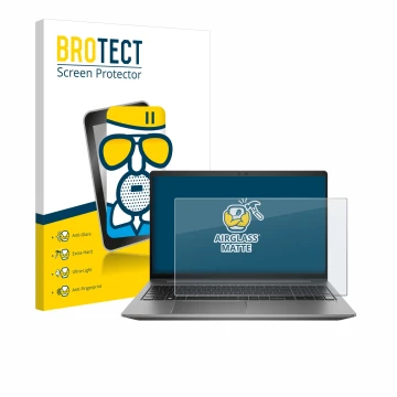 Vorderseite einer Produktverpackung mit dem Markenlogo BROTECT. Daneben ist das Gerät HP Zbook Power 15 G10 mit dem zugehörige