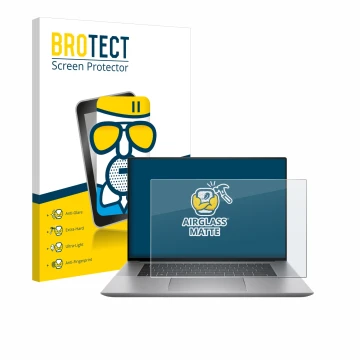 Vorderseite einer Produktverpackung mit dem Markenlogo BROTECT. Daneben ist das Gerät HP Zbook Studio 16 G10 mit dem zugehörig