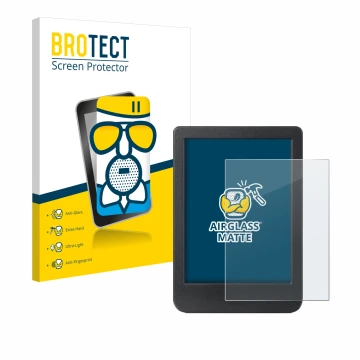 Vorderseite einer Produktverpackung mit dem Markenlogo BROTECT. Daneben ist das Gerät Kobo Clara BW mit dem zugehörigen Displa