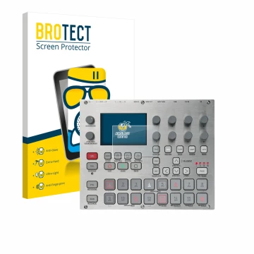 Vorderseite einer Produktverpackung mit dem Markenlogo BROTECT. Daneben ist das Gerät Elektron Syntakt E25 Remix Edition mit d