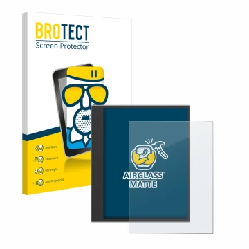 Vorderseite einer Produktverpackung mit dem Markenlogo BROTECT. Daneben ist das Gerät PocketBook InkPad Eo (2024) mit dem zuge