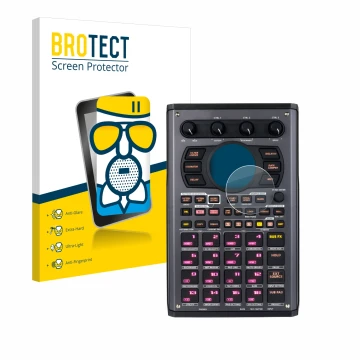 Vorderseite einer Produktverpackung mit dem Markenlogo BROTECT. Daneben ist das Gerät Roland SP-404MKII mit dem zugehörigen Di