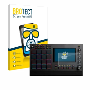 Vorderseite einer Produktverpackung mit dem Markenlogo BROTECT. Daneben ist das Gerät Akai MPC Live II mit dem zugehörigen Dis