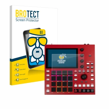 Vorderseite einer Produktverpackung mit dem Markenlogo BROTECT. Daneben ist das Gerät Akai MPC One+ mit dem zugehörigen Displa