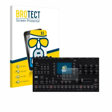 Vorderseite einer Produktverpackung mit dem Markenlogo BROTECT. Daneben ist das Gerät Elektron Octatrack MKII mit dem zugehöri