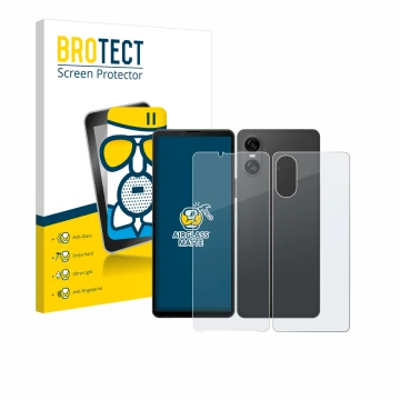 Vorderseite einer Produktverpackung mit dem Markenlogo BROTECT. Daneben ist das Gerät Sony Xperia 10 VI (Display+Rückseite) mi