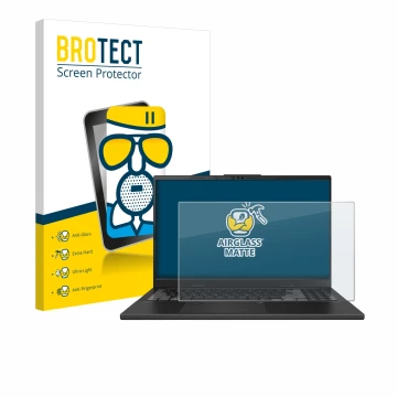 Vorderseite einer Produktverpackung mit dem Markenlogo BROTECT. Daneben ist das Gerät ASUS VivoBook Pro 15 OLED N6506 mit dem 