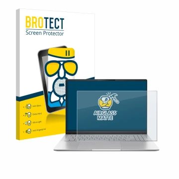 Vorderseite einer Produktverpackung mit dem Markenlogo BROTECT. Daneben ist das Gerät ASUS Vivobook S16 OLED M5606 mit dem zug