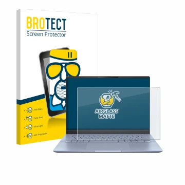 Vorderseite einer Produktverpackung mit dem Markenlogo BROTECT. Daneben ist das Gerät ASUS Vivobook S 14 OLED S5406 mit dem zu
