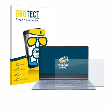 Vorderseite einer Produktverpackung mit dem Markenlogo BROTECT. Daneben ist das Gerät ASUS Vivobook S 15 OLED S5506 mit dem zu