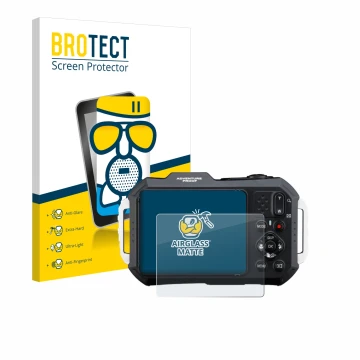 Vorderseite einer Produktverpackung mit dem Markenlogo BROTECT. Daneben ist das Gerät Ricoh Pentax WG-1000 mit dem zugehörigen