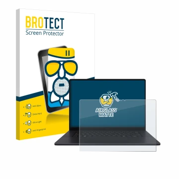 Vorderseite einer Produktverpackung mit dem Markenlogo BROTECT. Daneben ist das Gerät ASUS ProArt P16 mit dem zugehörigen Disp