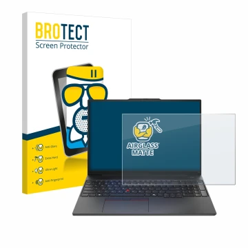 Vorderseite einer Produktverpackung mit dem Markenlogo BROTECT. Daneben ist das Gerät Lenovo ThinkPad E16 Gen 2 mit dem zugehö