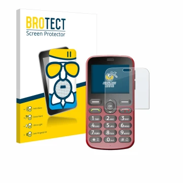 Vorderseite einer Produktverpackung mit dem Markenlogo BROTECT. Daneben ist das Gerät Doro 1880 mit dem zugehörigen Displaysch